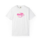 White t-shirt with pink and yellow text on a white background