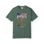 Green t-shirt with American flag and eagle graphic on a white background