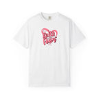 White t-shirt with pink heart and text design on a white background