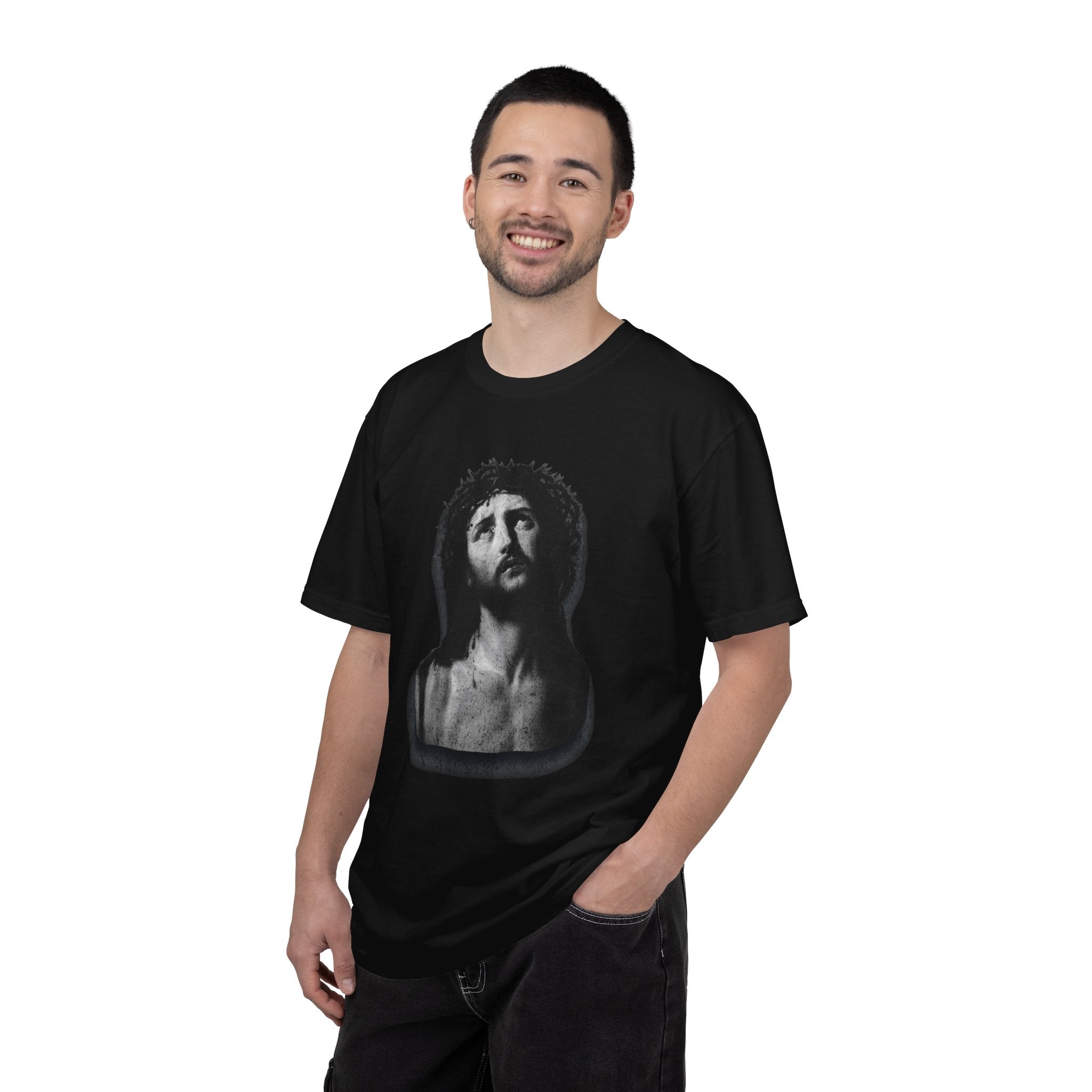 Man wearing a black t-shirt with a graphic design on a white background