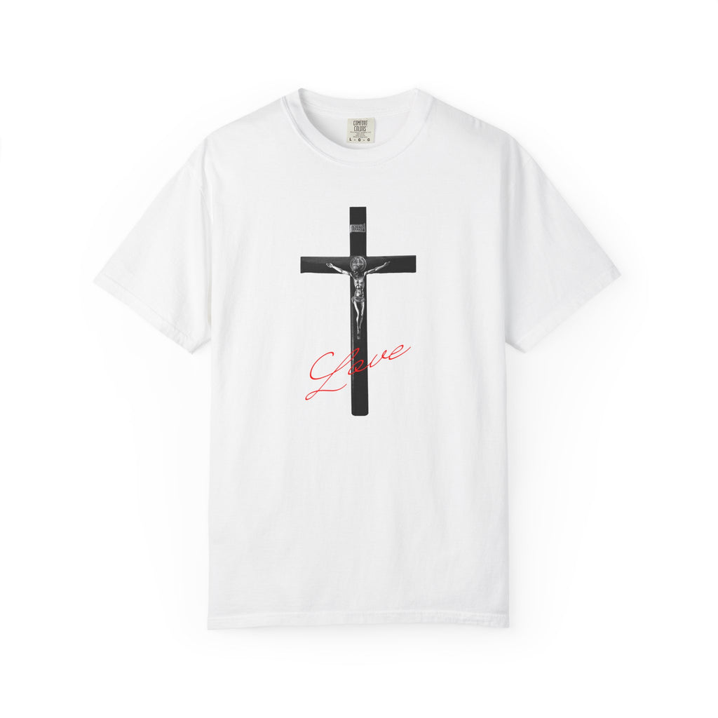 White t-shirt with a black cross and red text on a white background