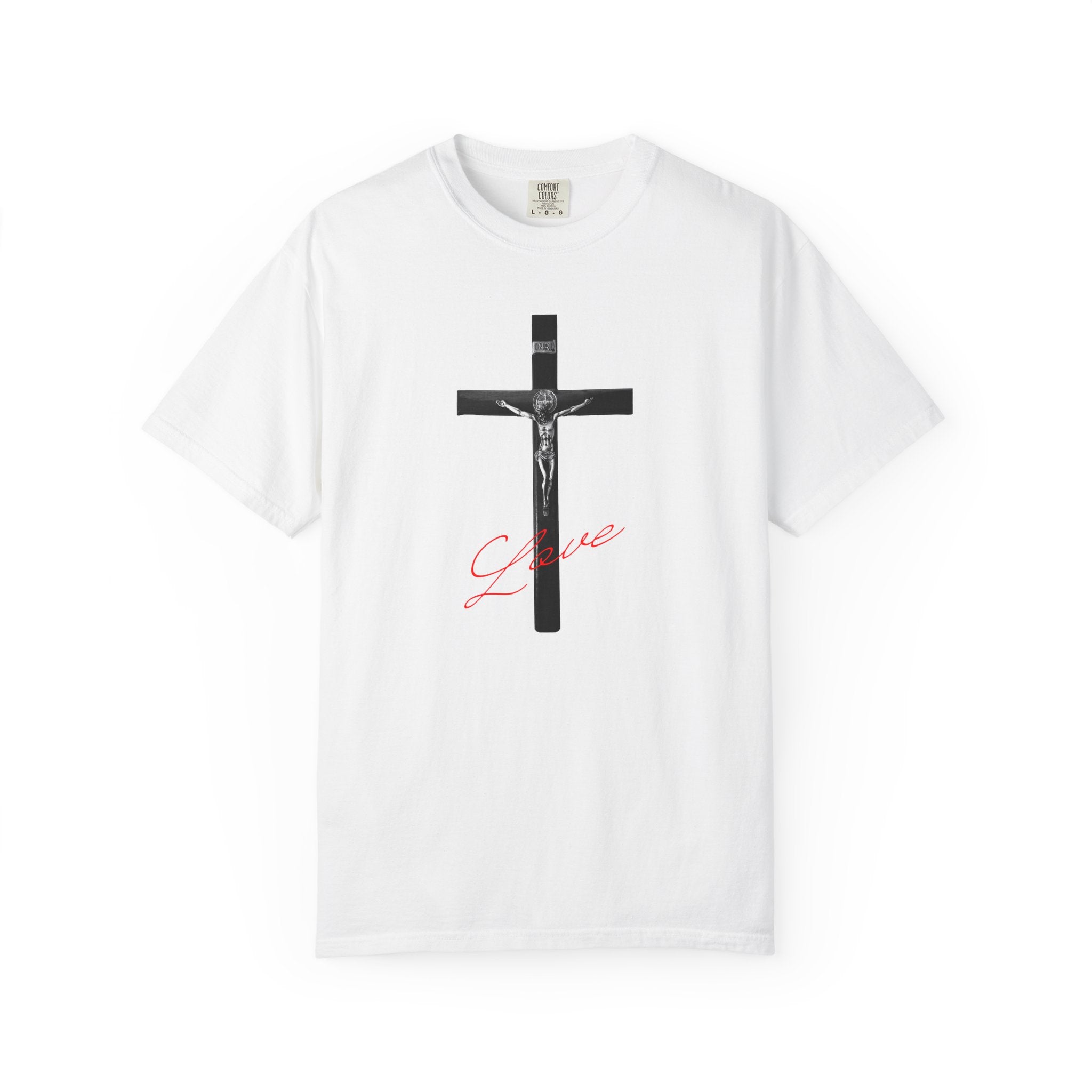 White t-shirt with a black cross and red text on a white background
