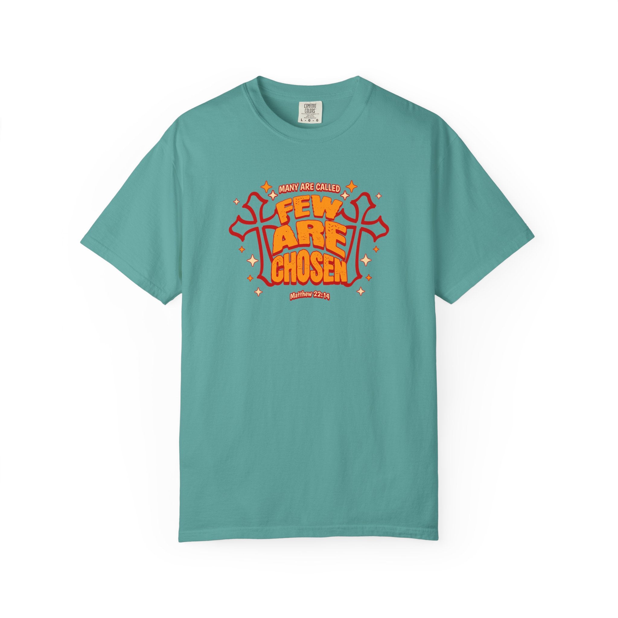 Teal t-shirt with red and yellow text design on a white background