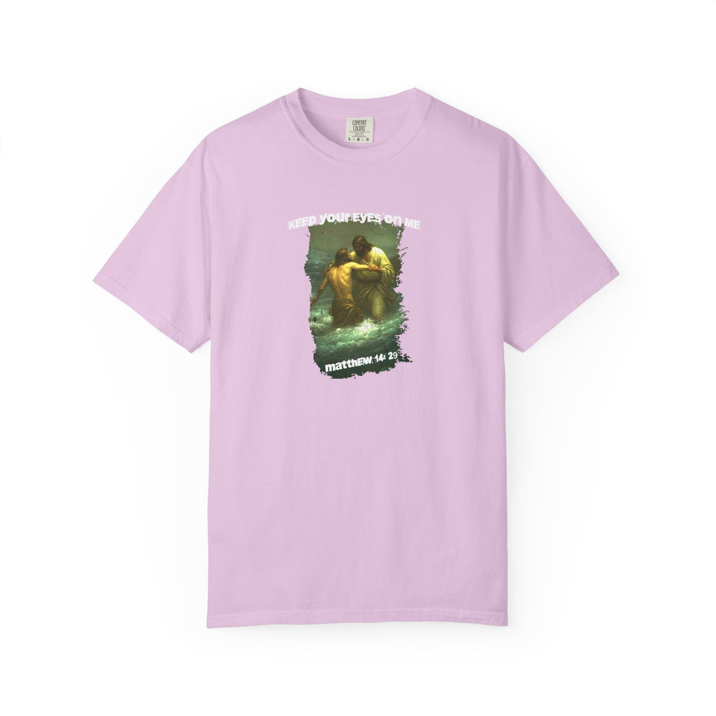 Pink t-shirt with graphic design on a white background