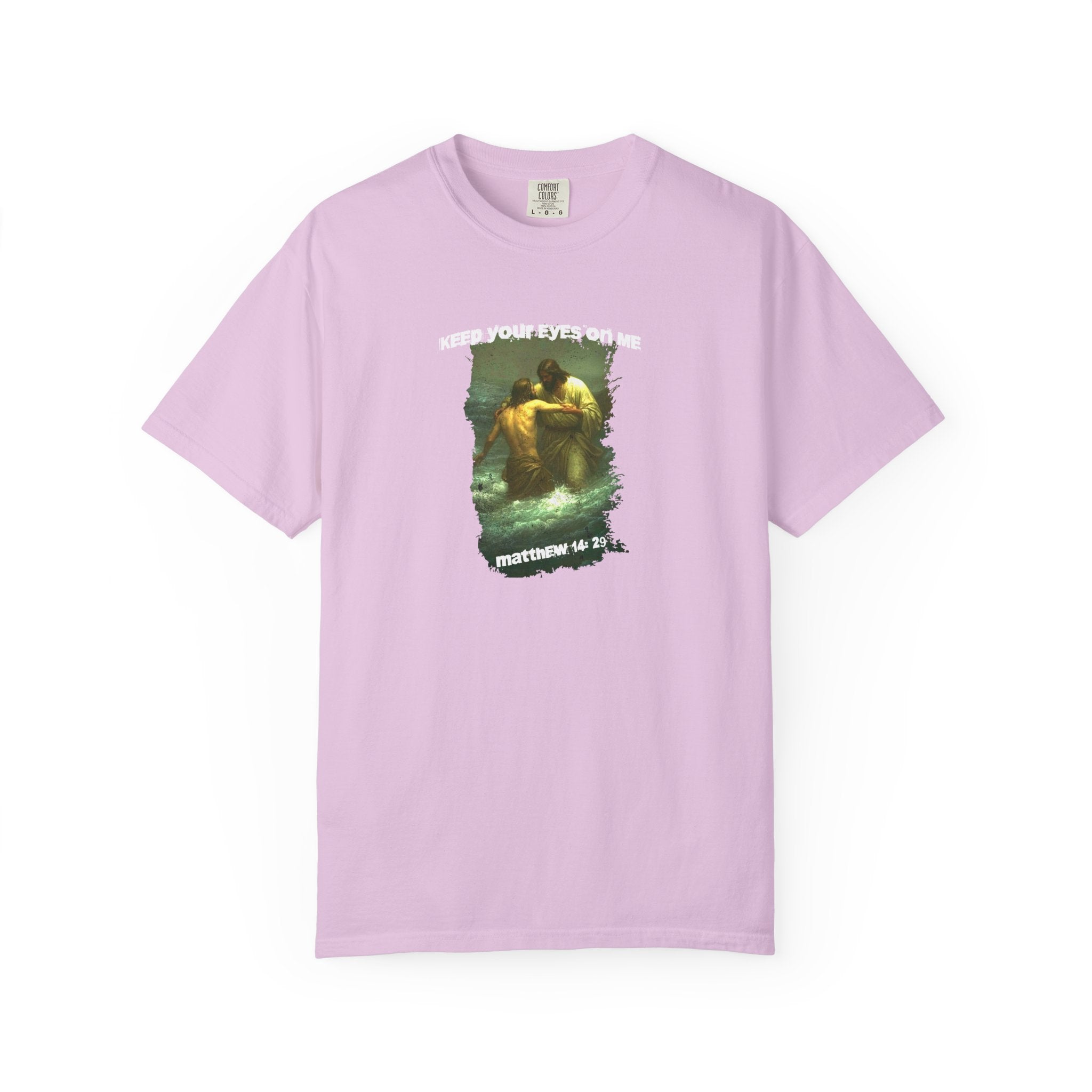 Pink t-shirt with graphic design on a white background