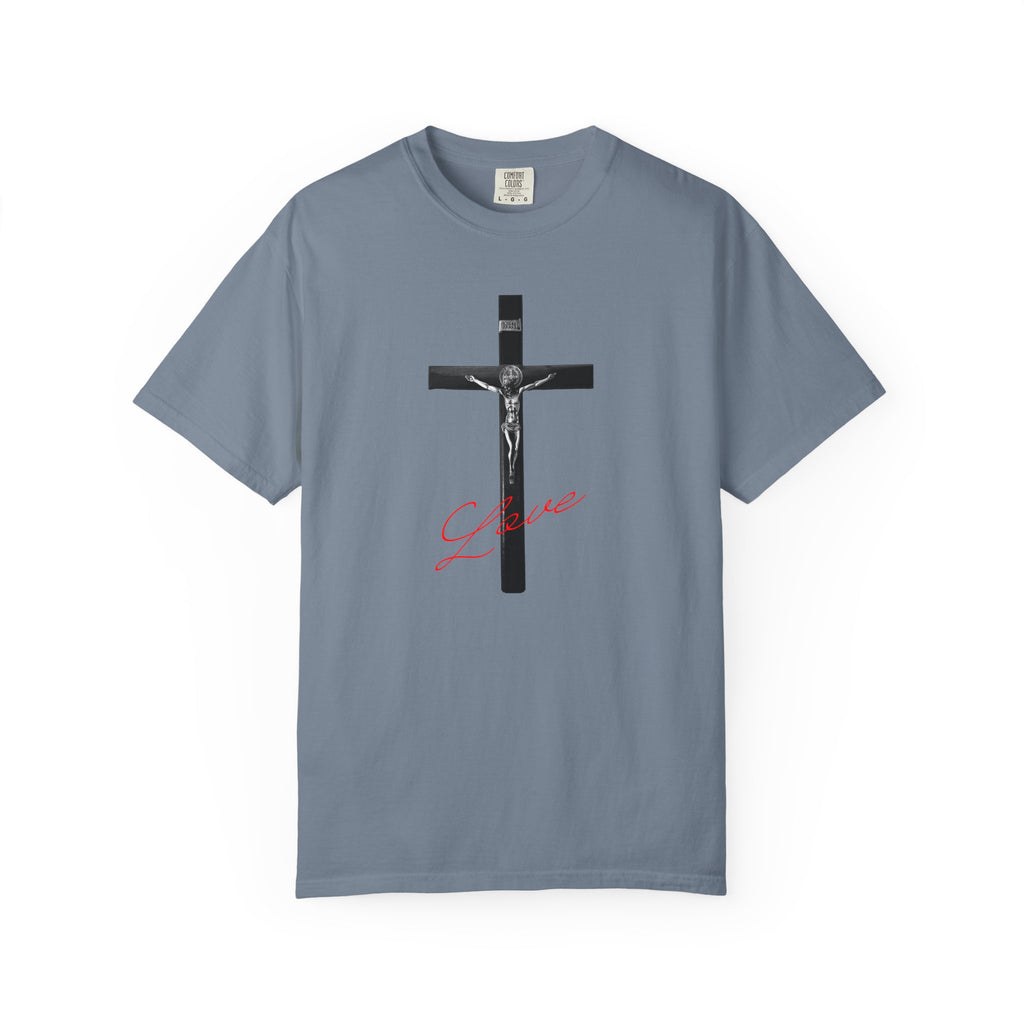 Gray t-shirt with a crucifixion design on a white background