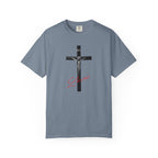 Gray t-shirt with a crucifixion design on a white background