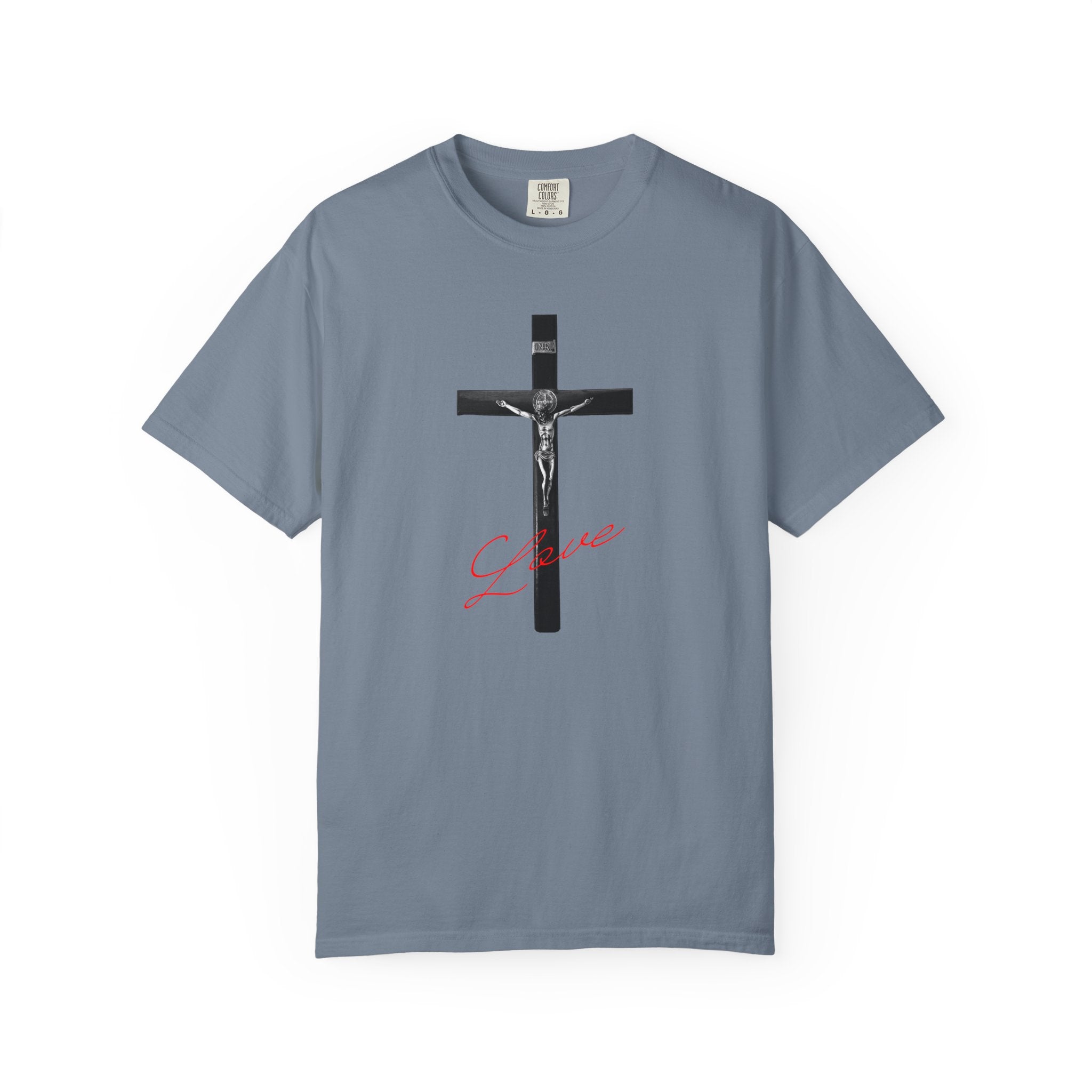 Gray t-shirt with a crucifixion design on a white background