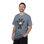 Man wearing a gray t-shirt with a graphic design on a white background