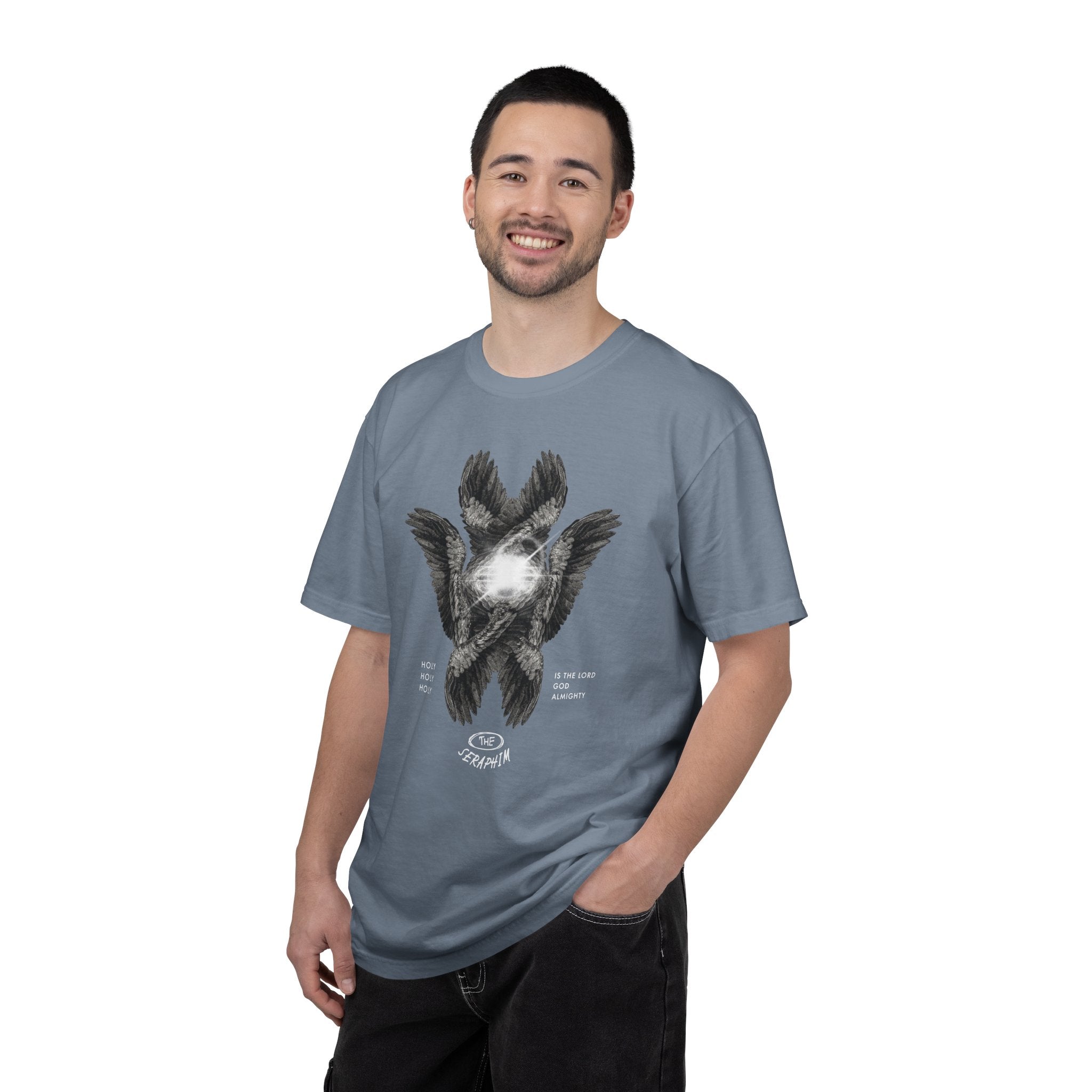 Man wearing a gray t-shirt with a graphic design on a white background