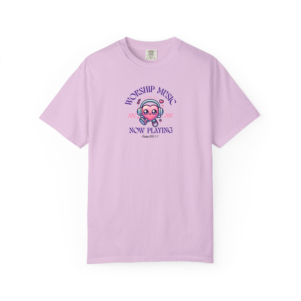 Light purple t-shirt with a graphic design on a white background
