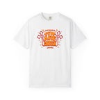 White t-shirt with red and orange graphic design on a white background