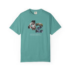 Teal t-shirt with a graphic design on a white background