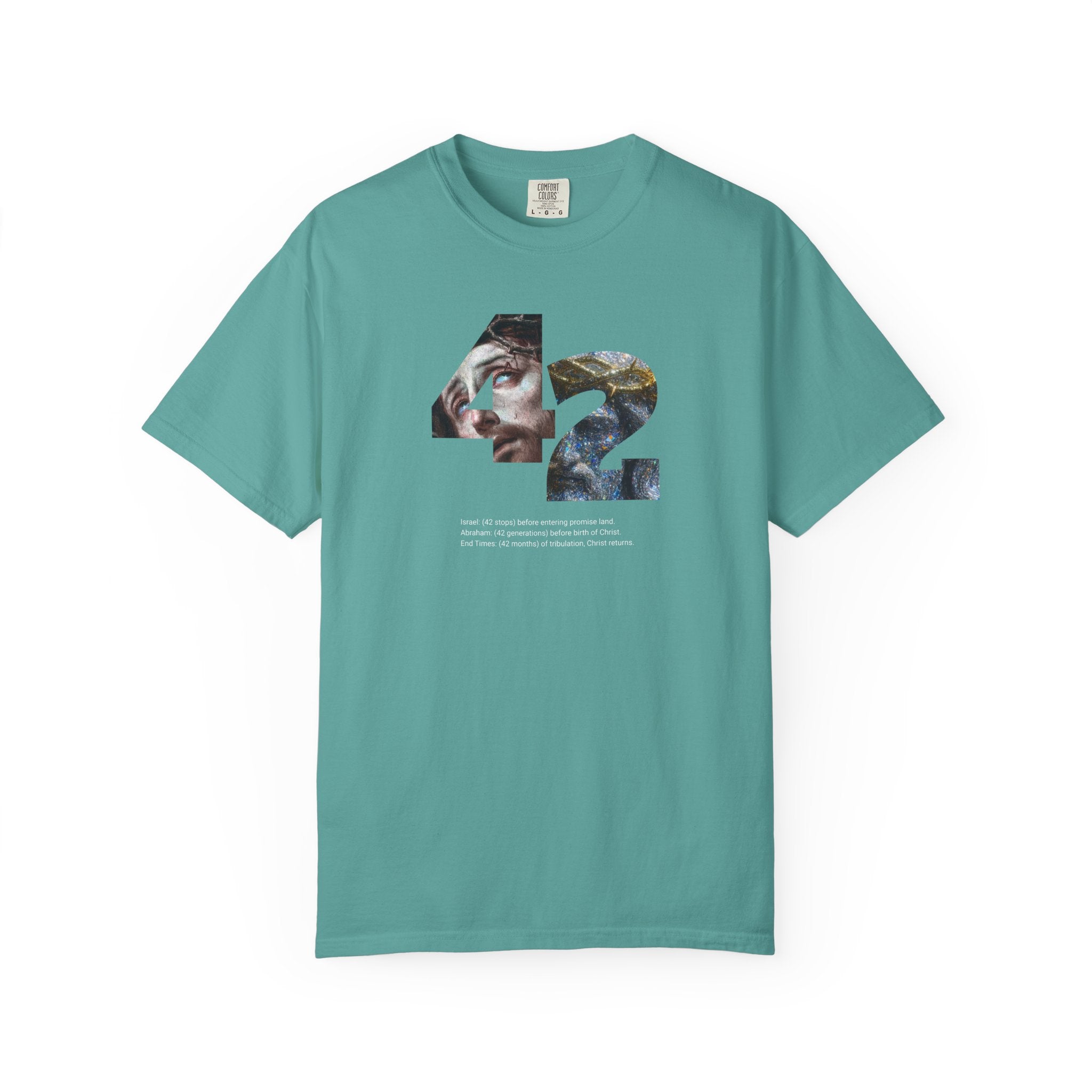 Teal t-shirt with a graphic design on a white background