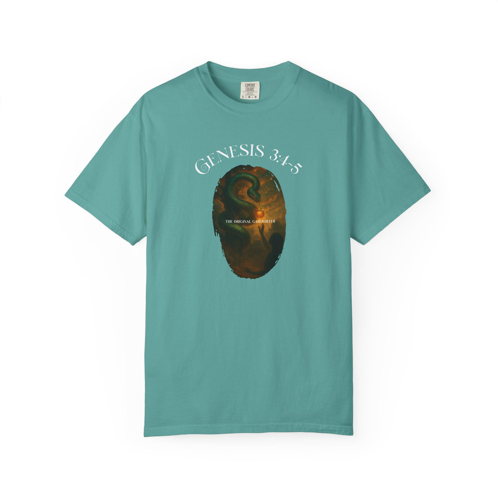 Teal t-shirt with a graphic design and 'Genesis 3:15' text on a white background