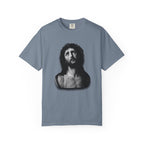 Blue t-shirt with a black and white graphic of a bust on a white background
