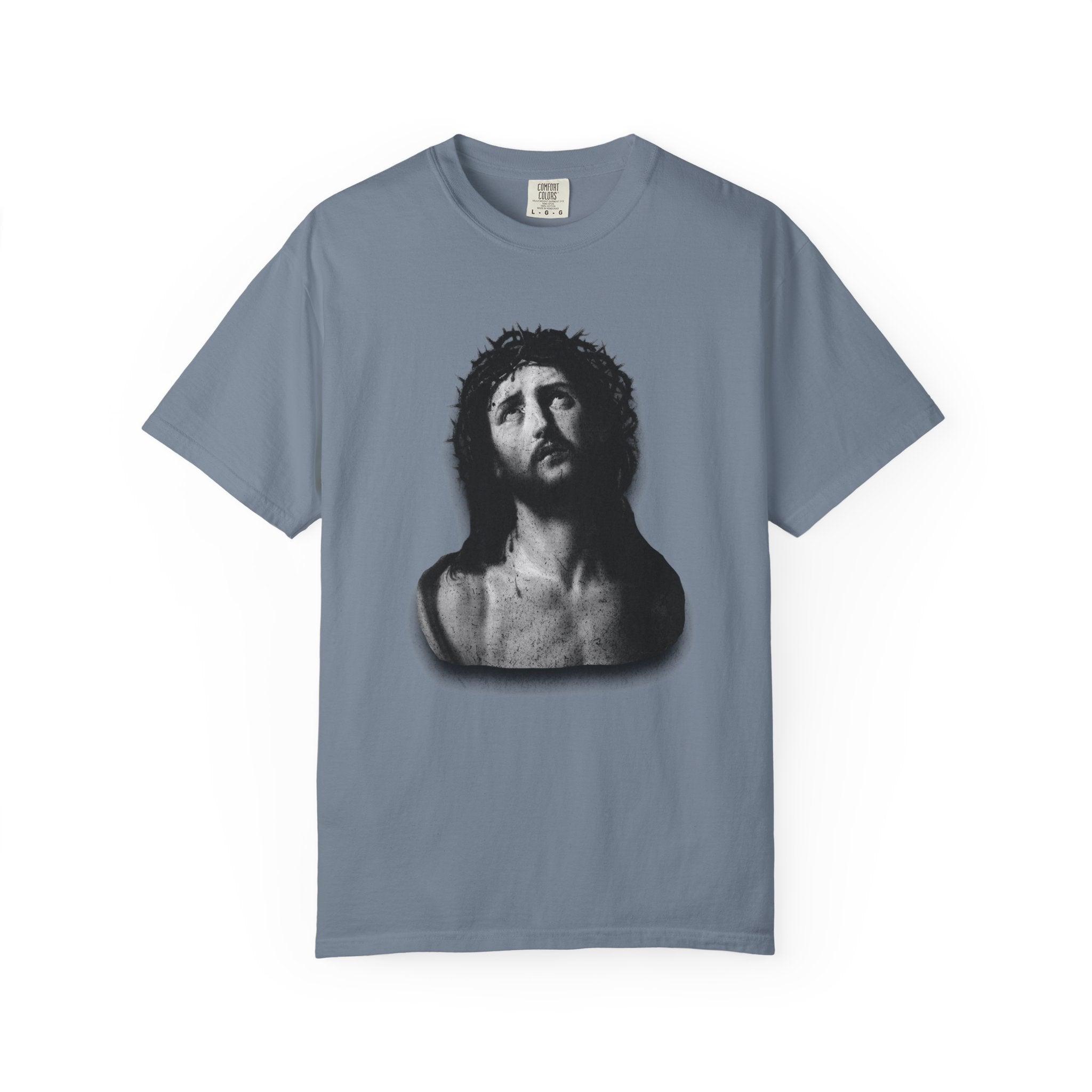Blue t-shirt with a black and white graphic of a bust on a white background