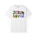 White t-shirt with 'Jesus Saves' text design on a white background