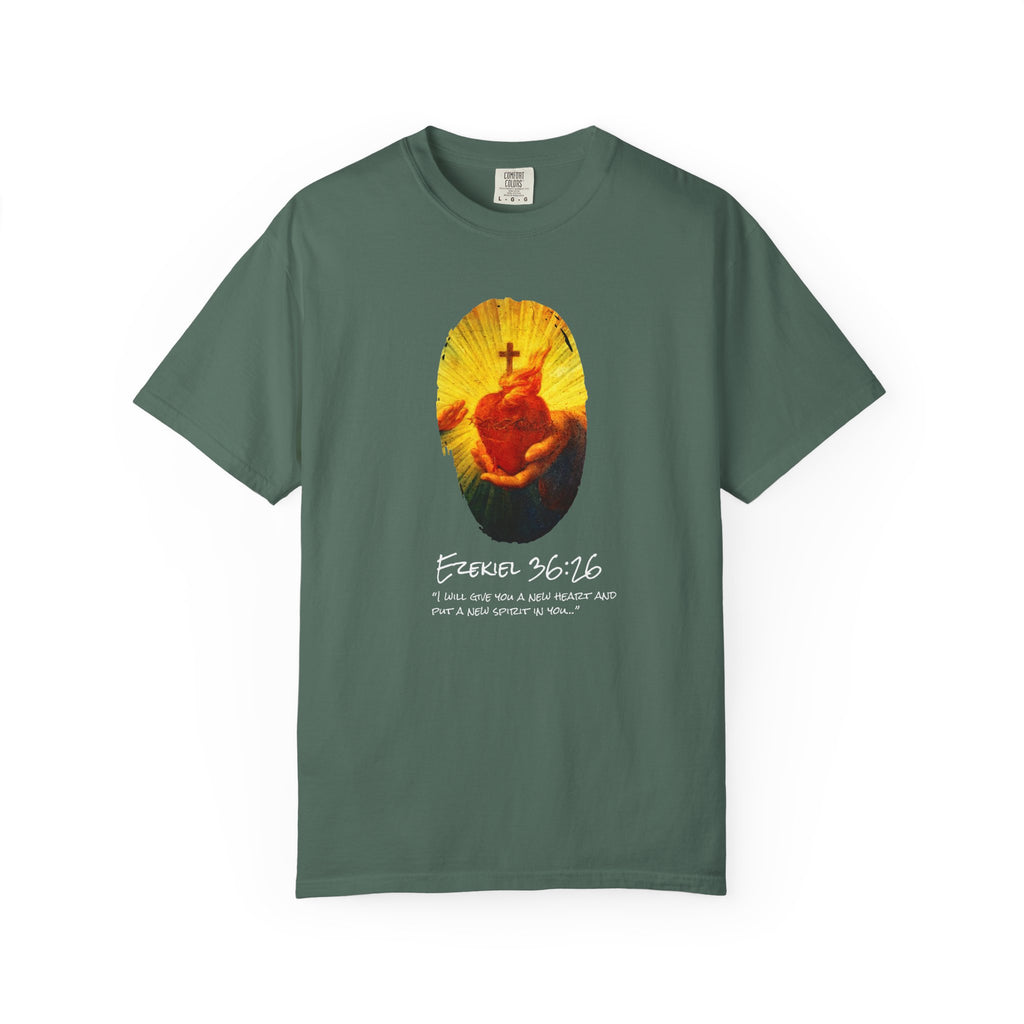 Green t-shirt with a graphic design and text on a white background