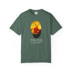 Green t-shirt with a graphic design and text on a white background