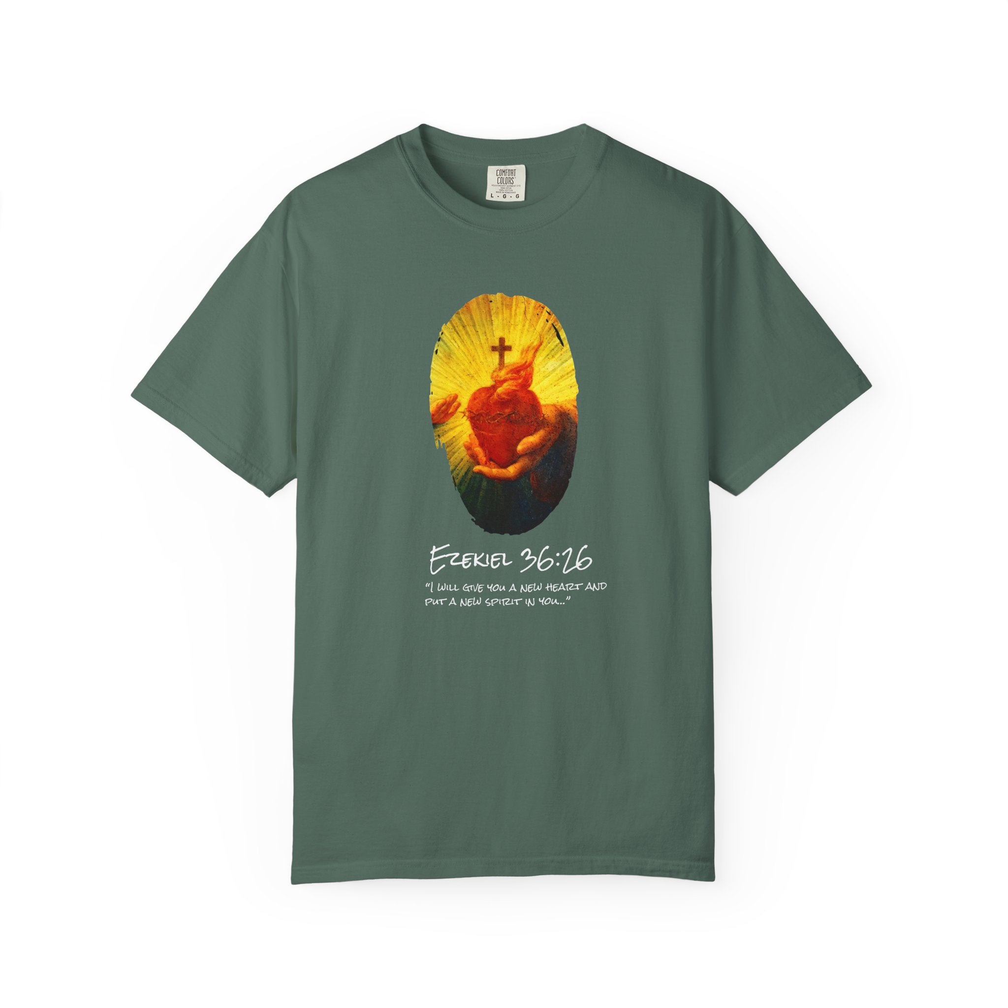 Green t-shirt with a graphic design and text on a white background