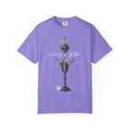 Purple t-shirt with a graphic design and text on a white background