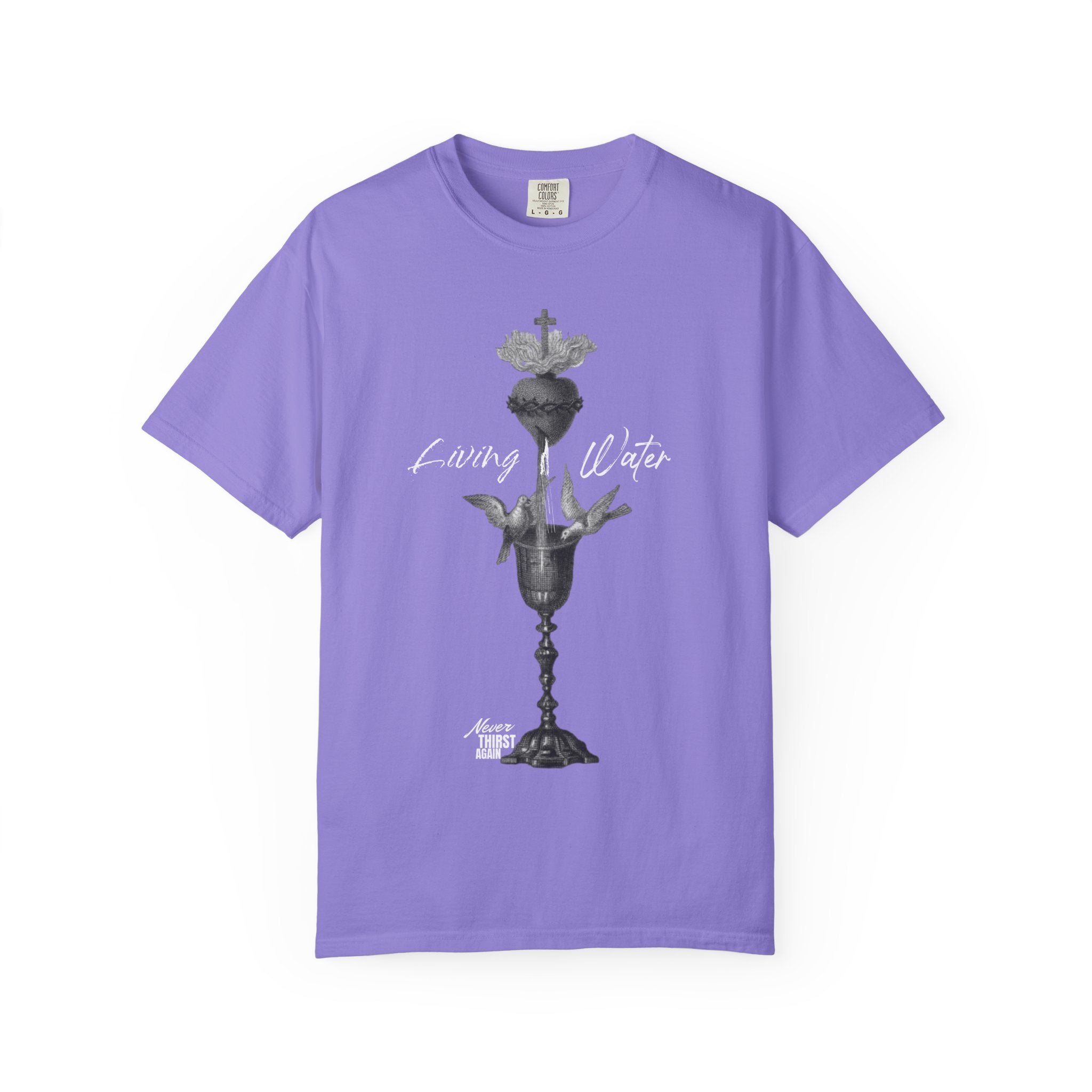 Purple t-shirt with a graphic design and text on a white background