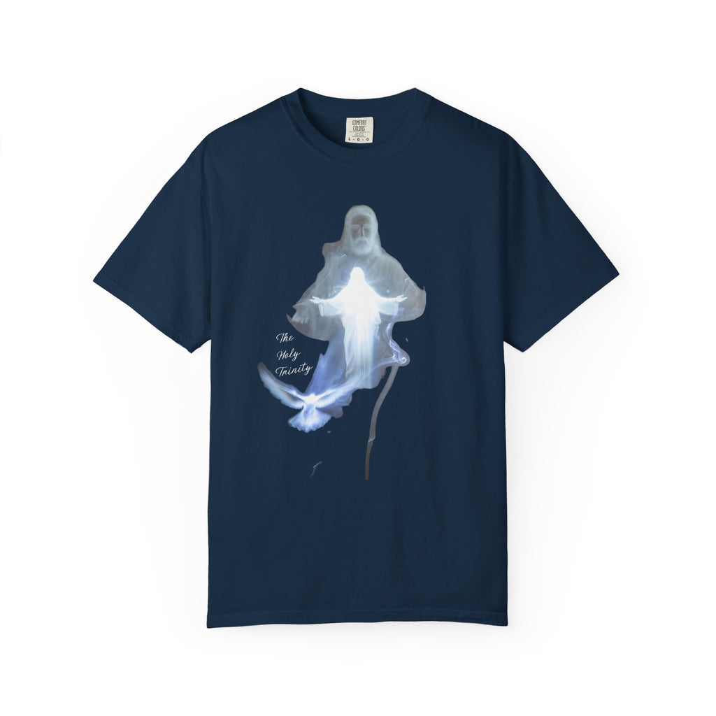 Navy blue t-shirt with a ghostly angel design on a white background