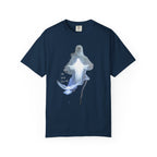 Navy blue t-shirt with a ghostly angel design on a white background