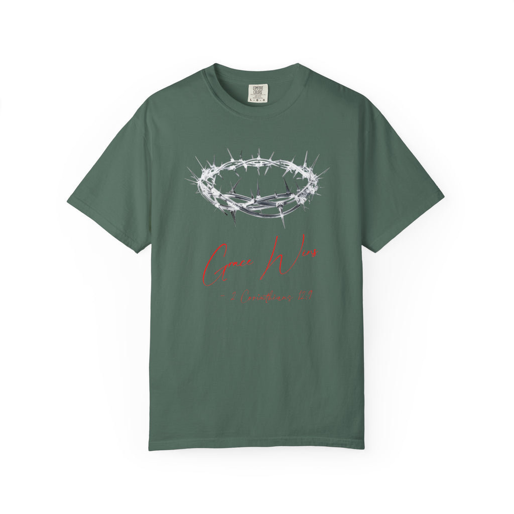 Green t-shirt with a crown of thorns and 'Come Wit' text on a white background