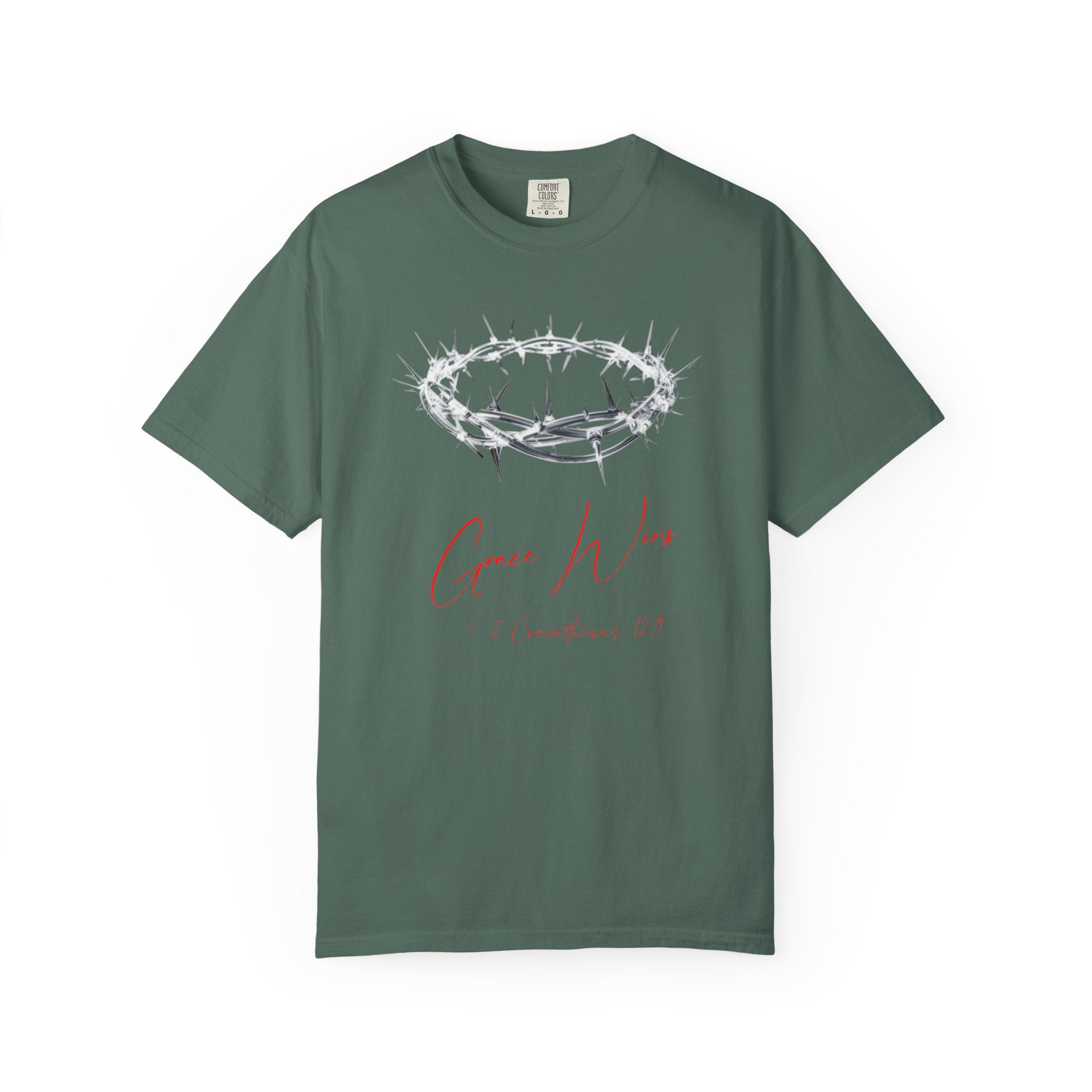 Green t-shirt with a crown of thorns and 'Come Wit' text on a white background