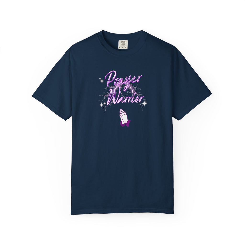 Navy blue t-shirt with 'Prayer Warrior' design on a white background