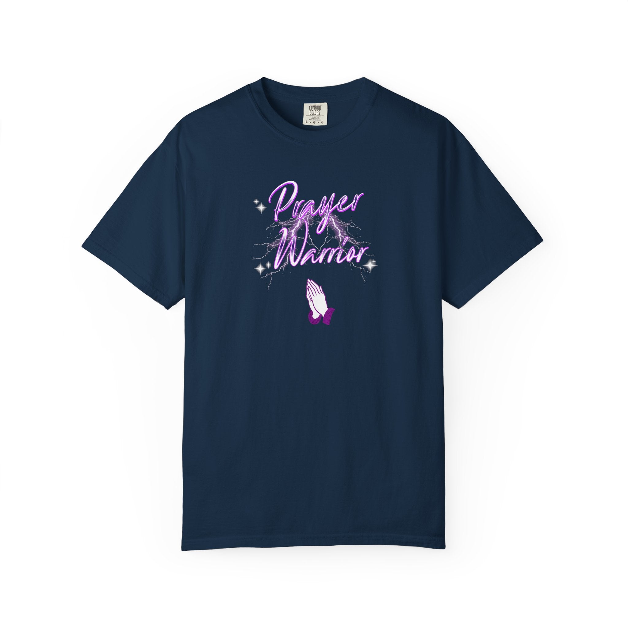 Navy blue t-shirt with 'Prayer Warrior' design on a white background