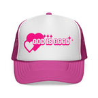 God Is Good Pink Heart Trucker Cap