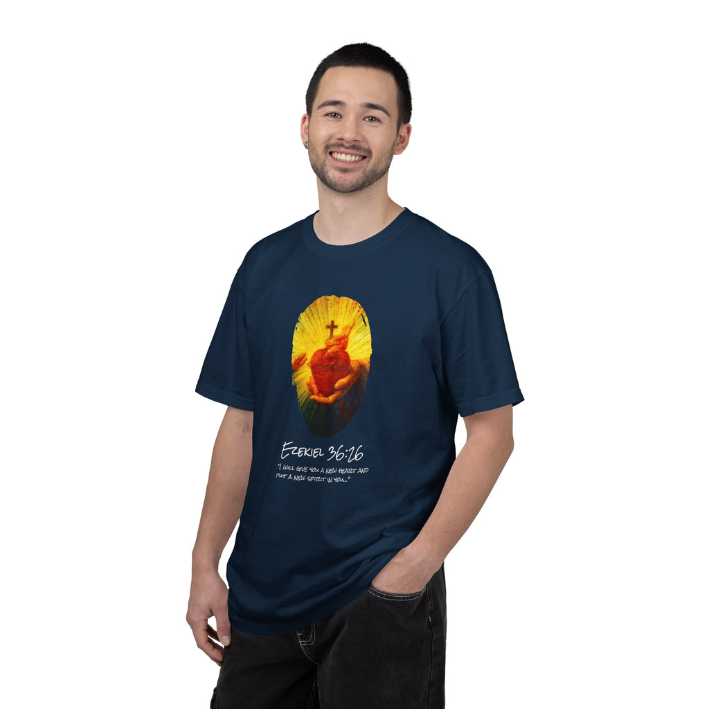 Man wearing a navy blue t-shirt with a graphic design on a white background