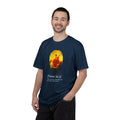 Man wearing a navy blue t-shirt with a graphic design on a white background