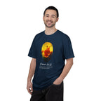 Man wearing a navy blue t-shirt with a graphic design on a white background