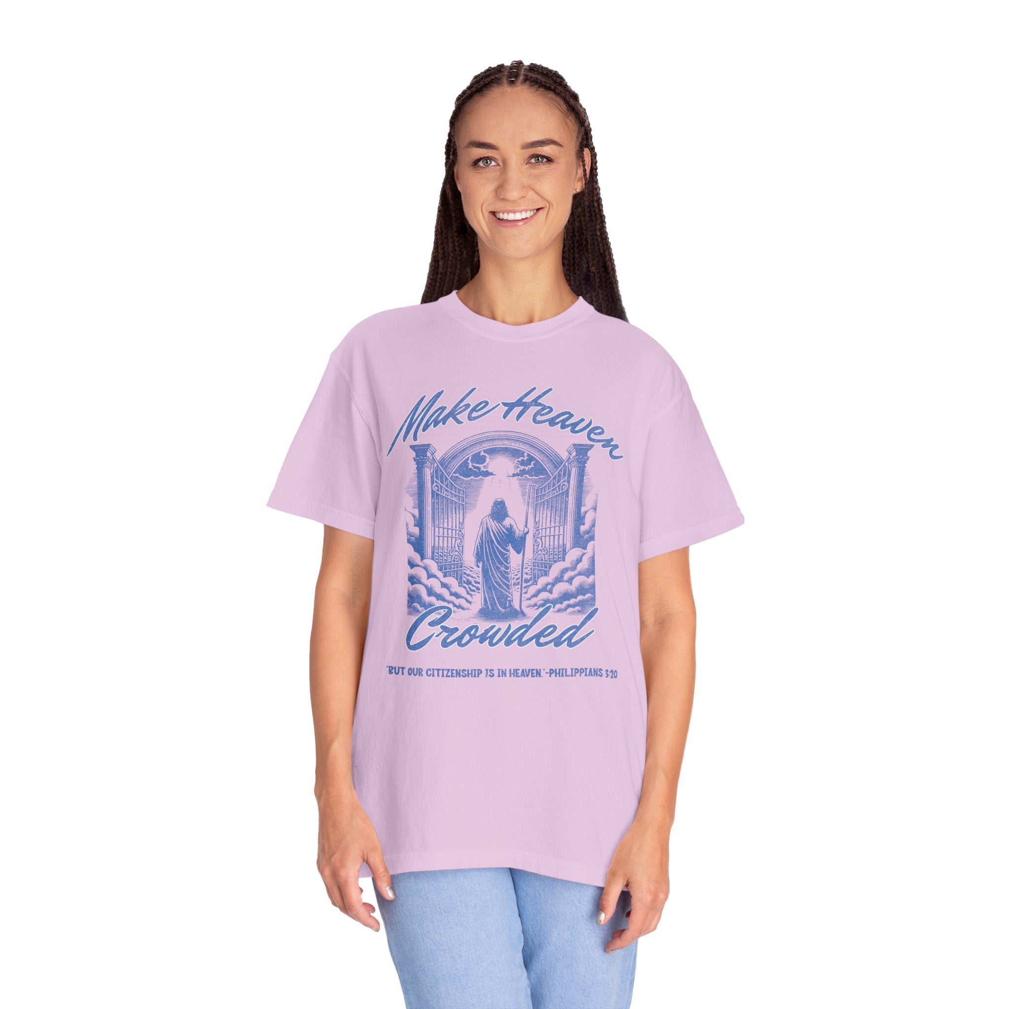 Woman wearing a light purple t-shirt with a graphic design and text on a white background
