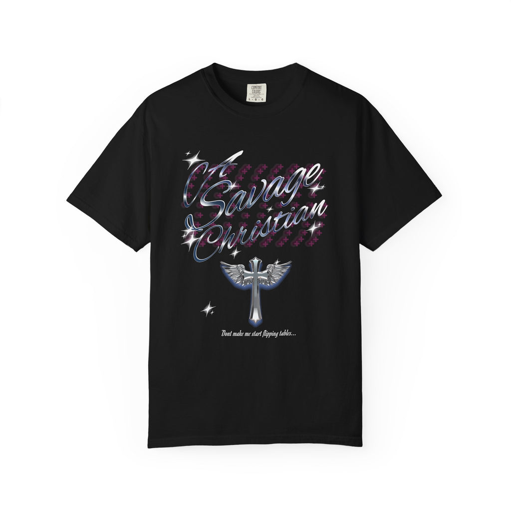 Black t-shirt with graphic design and text on a white background