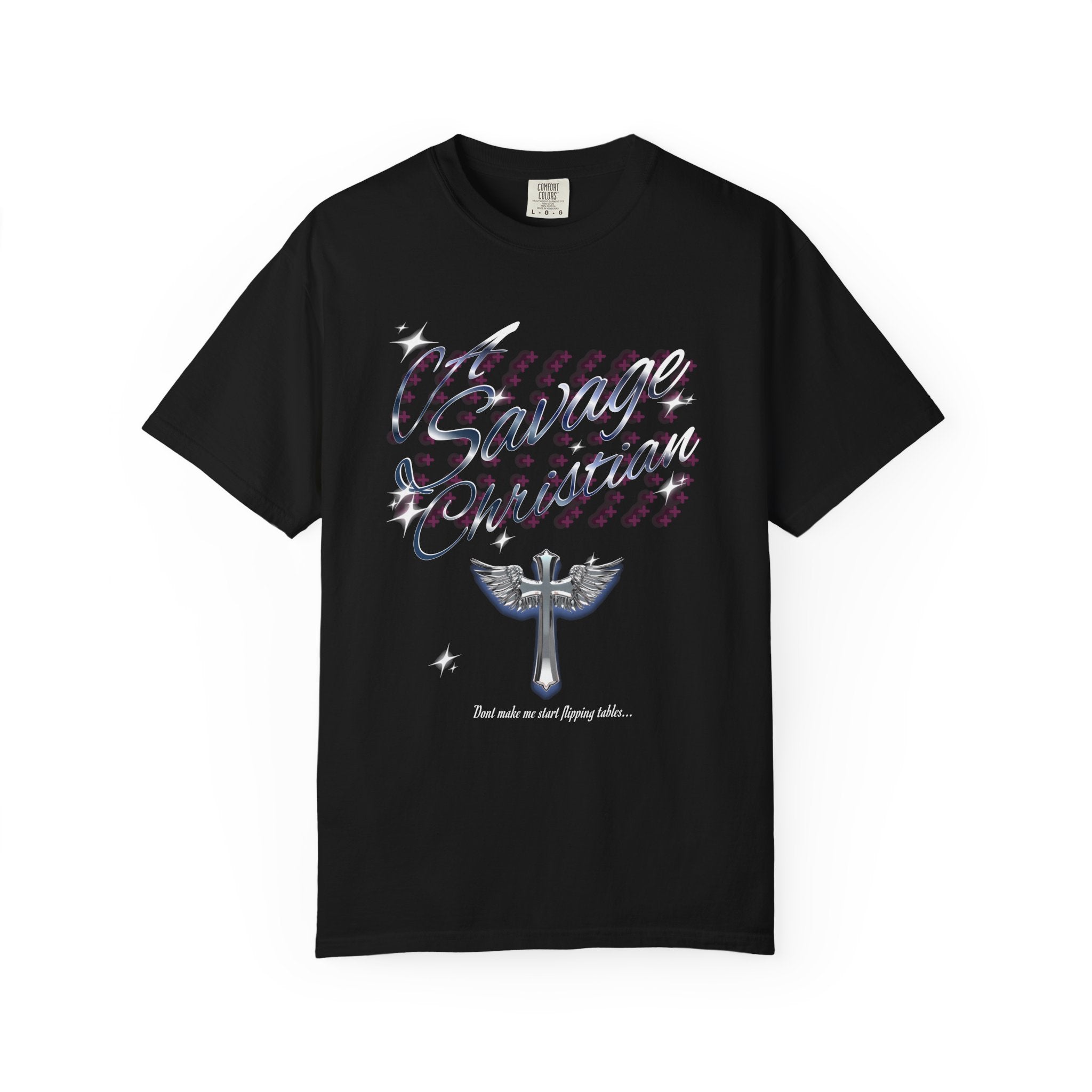 Black t-shirt with graphic design and text on a white background