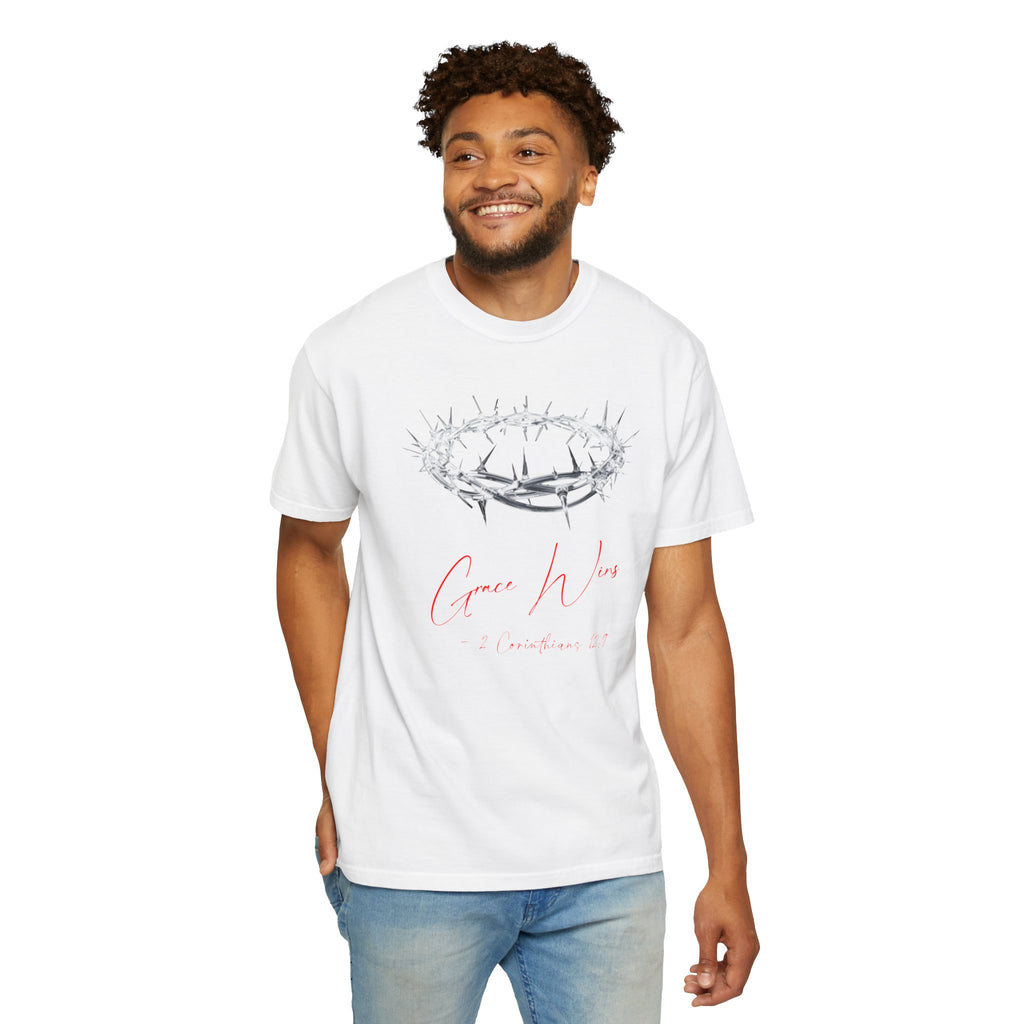 Man wearing a white t-shirt with a graphic design on a white background