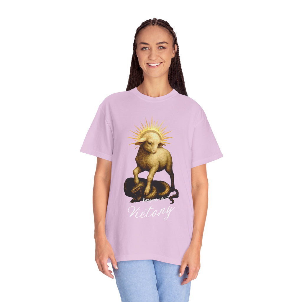 Person wearing a light purple t-shirt with a graphic design on a white background