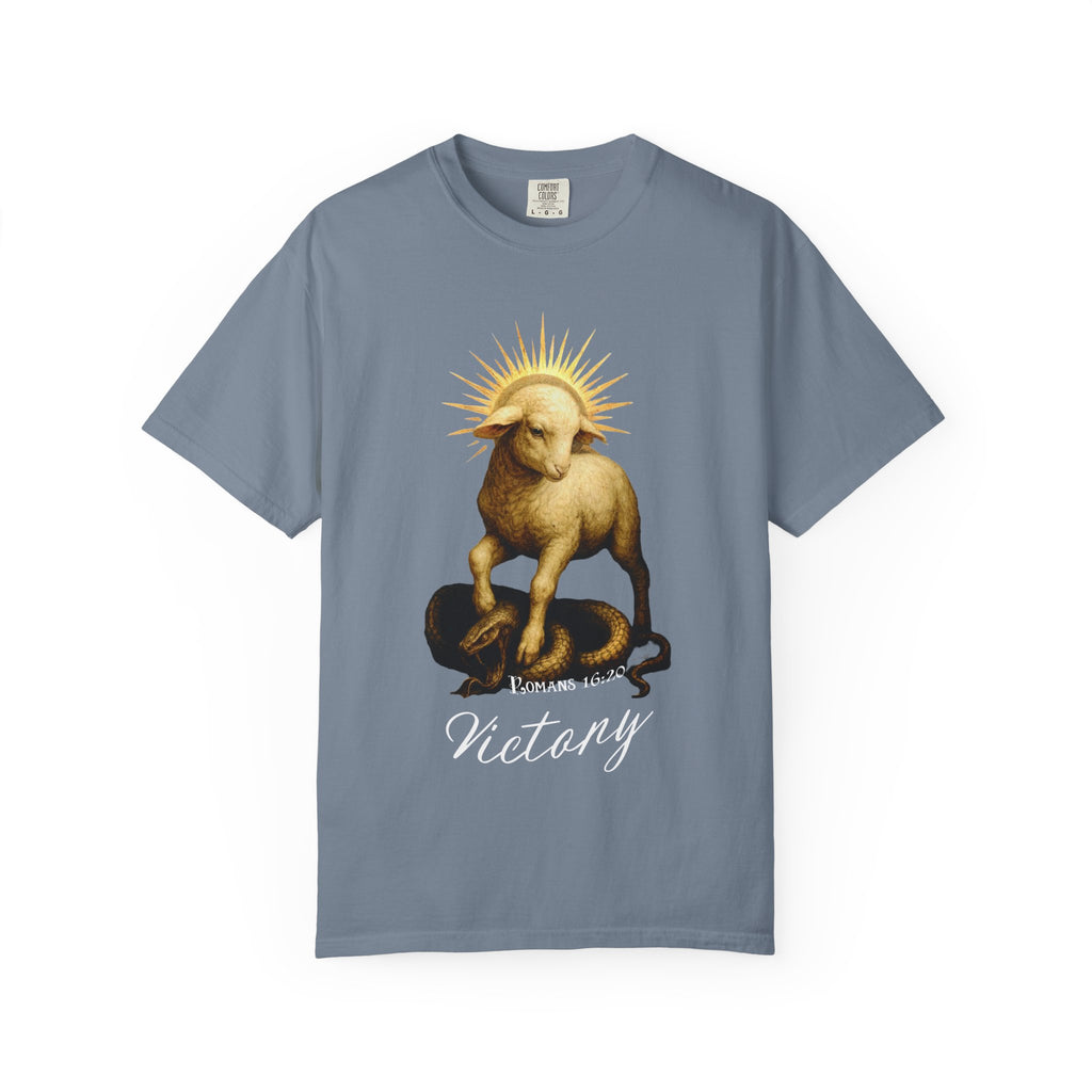 Blue t-shirt with a graphic of a ram and snake, labeled 'Victory', on a white background