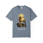 Blue t-shirt with a graphic of a ram and snake, labeled 'Victory', on a white background