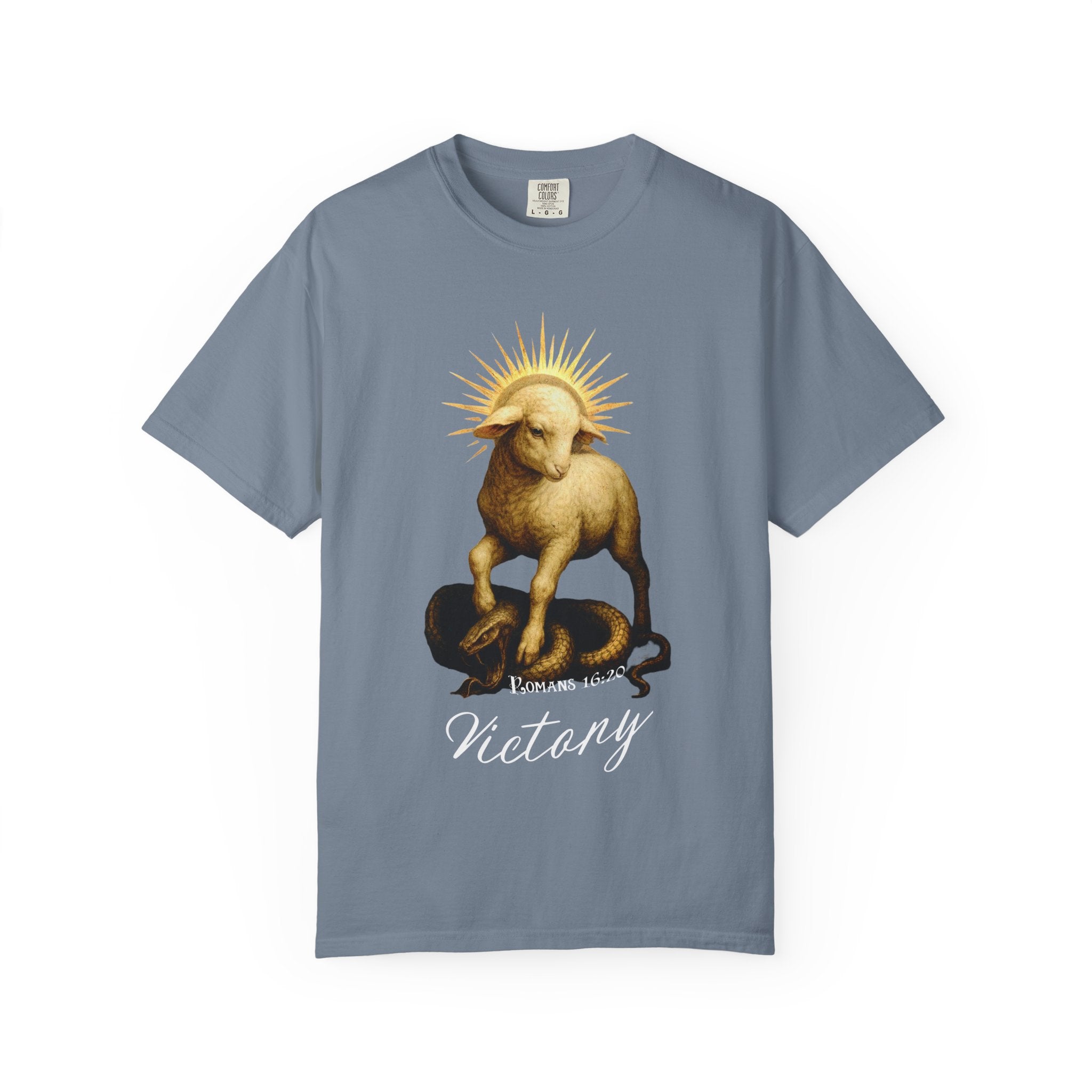 Blue t-shirt with a graphic of a ram and snake, labeled 'Victory', on a white background