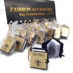 Holy Bible keychains with packaging on a white background