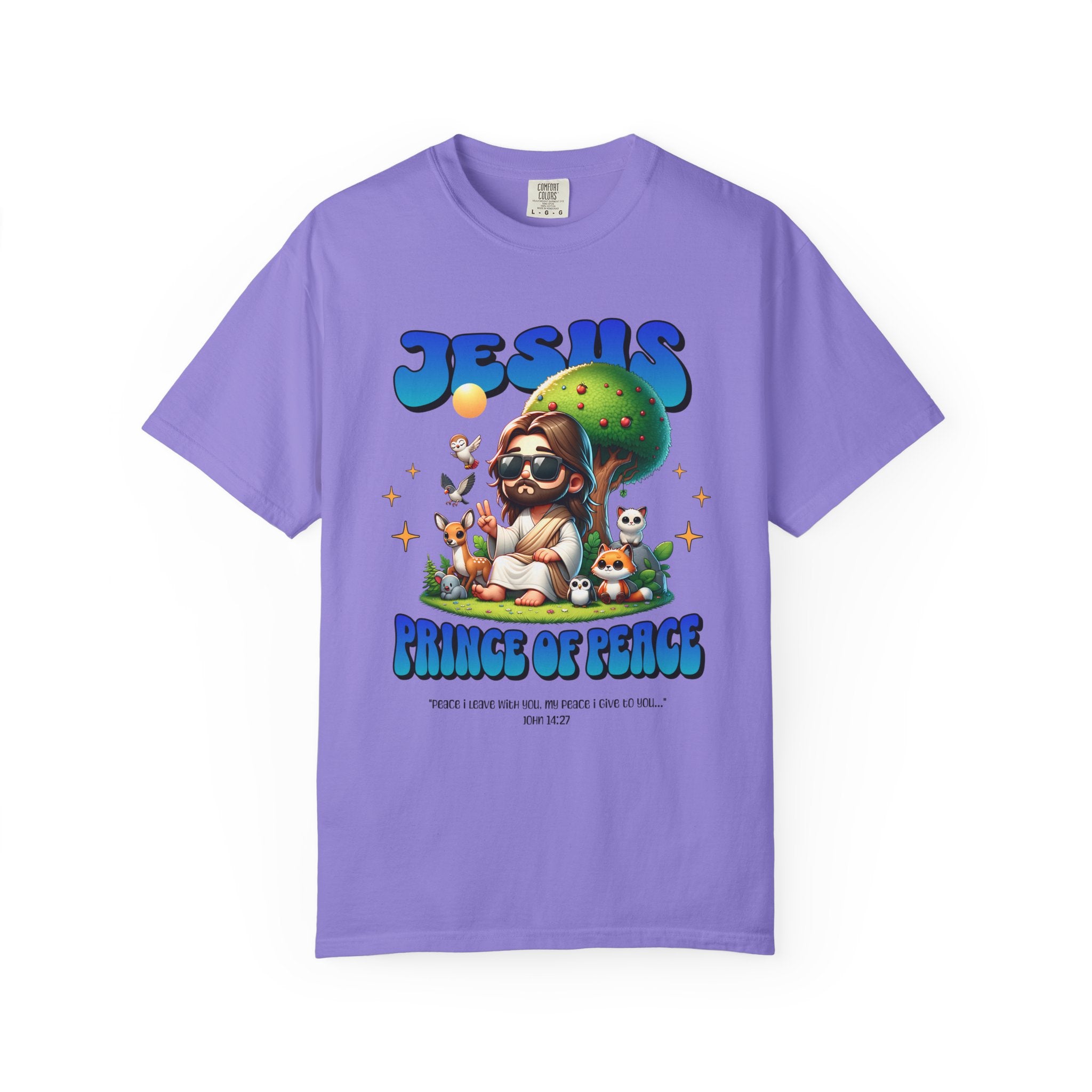 Purple t-shirt with a colorful graphic of Jesus and text on a white background
