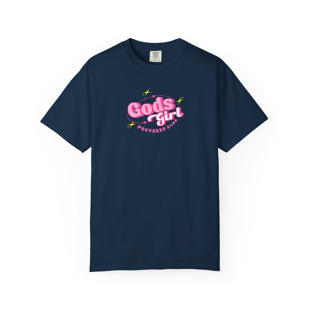 Black t-shirt with a small white logo on a white background