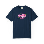 Black t-shirt with a small white logo on a white background