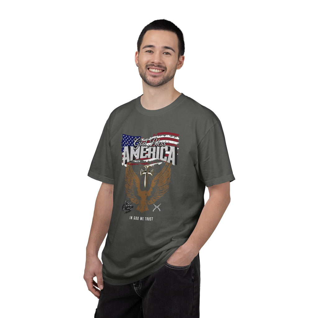 Man wearing a gray t-shirt with an eagle and text design on a white background